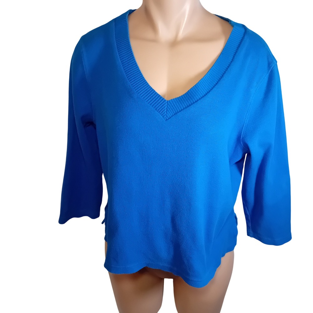 Rafaella Women V Neck 3/4 Sleeve Ribbed Knit Top Bright Blue Basics Minimalist L